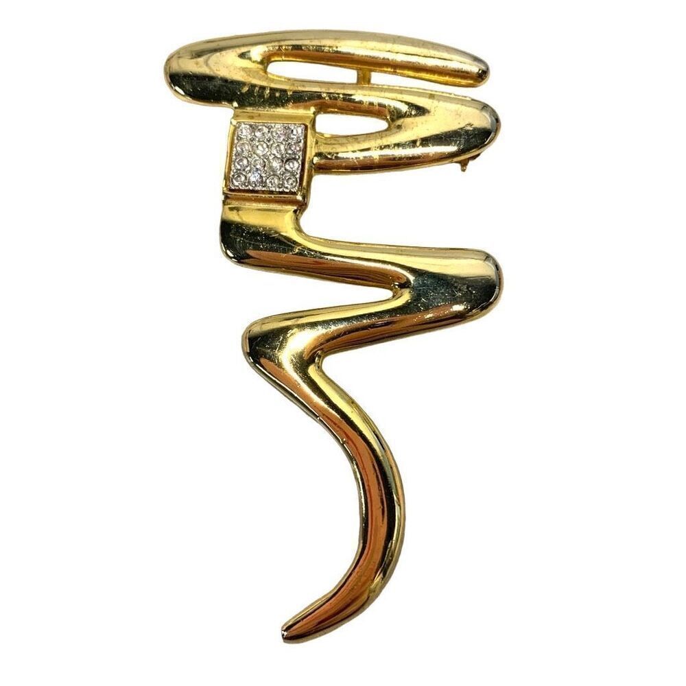 Vintage Park Lane 3" Gold Tone Swiggle Pattern Brooch with Rhinestones